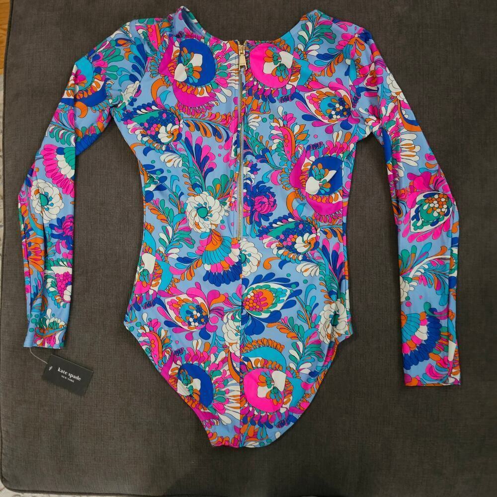 Kate Spade New York Long Sleeve Rash Guard Back Zip One Piece Swimsuit Size M